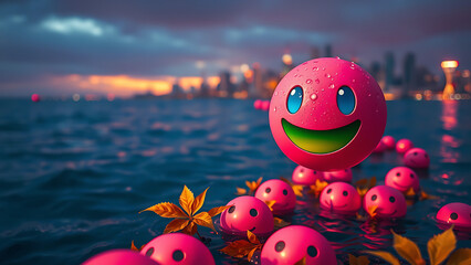 Naklejka premium Celebrate World Laughter Day with a Splash of Joy A Pink Smiley Face Floats Peacefully on the Sea Reflecting Happiness Calm and the Power of a Simple Smile to Spread Laughter Across Oceans