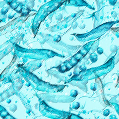 Seamless hand drawn watercolor pattern: sweet green pea pods and peas.pattern for fashion prints for printing fabrics, paper, background, cloth, packaging. Pencil drawing with strokes