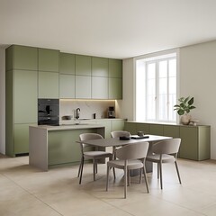 Fototapeta premium Modern interior design of minimalist green kitchen with island, dining table and grey chairs.....