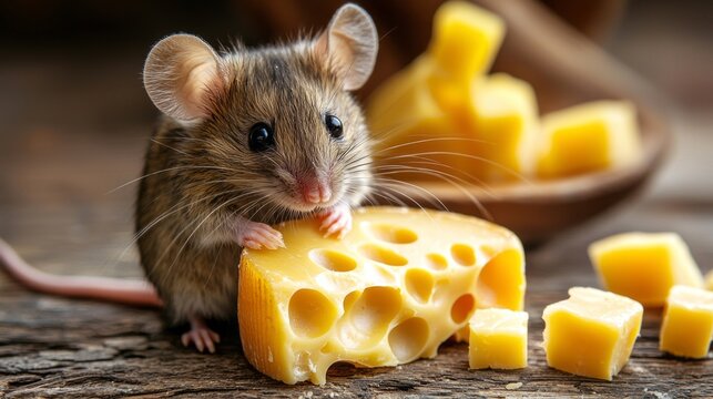 A mouse is eating a piece of cheese
