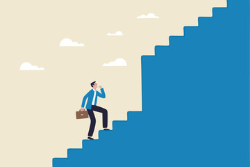 Challenge to overcome difficulty, obstacle or business problem, think of solution to get pass obstacle to success, failure or trouble concept, businessman walk up stair to find huge difficult step.