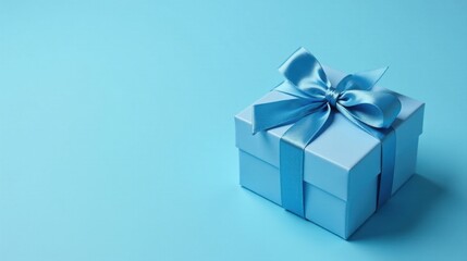 A Single Light Blue Gift Box with a Delicate Satin Ribbon Bow on a Matching Background