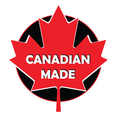 Canadian made price tag label. Canadian product sticker for commerce business. Badge or seal symbol in red and white. Emblem with maple leaf as certificate of manufacturing in Canadian soil. Vector.