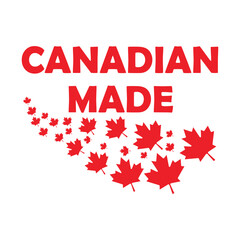 Canadian made price tag label. Canadian product sticker for commerce business. Badge or seal symbol in red and white. Emblem with maple leafs as certificate of manufacturing in Canadian soil. Vector.