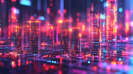 Obraz premium Abstract digital cityscape at night with glowing buildings and vibrant colors.