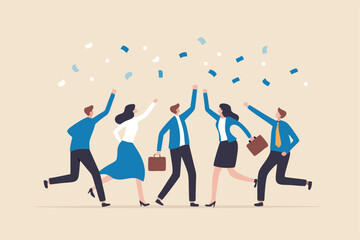 Employee, organization or company worker, team or teamwork success together, staff partnership or community concept, success businessman, businesswoman colleague high five for winning celebration.