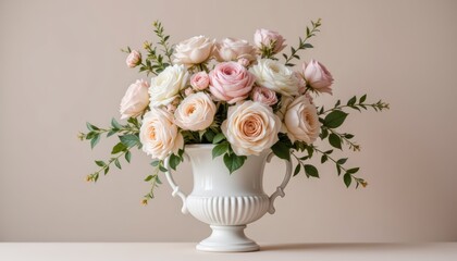 Obraz premium A muted color palette of pastel flowers sits inside a white urn.