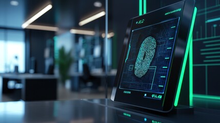 Obraz premium A high-tech fingerprint scanner showcases biometric data in a sleek office. The illuminated device highlights security advancements with a digital interface prominently featuring a fingerprint