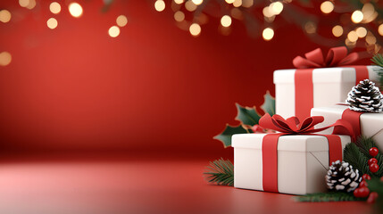 Stack of three wrapped Christmas gifts with red ribbon and festive decor against red background with bokeh lights.