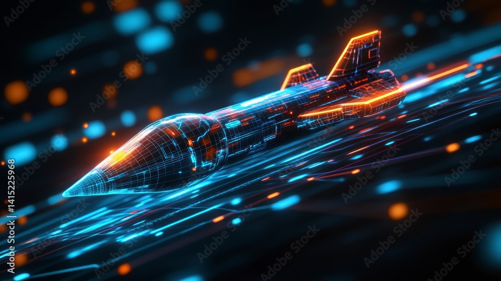 Poster abstract digital rocket soaring through a neon space, glowing lines and particles creating motion bl