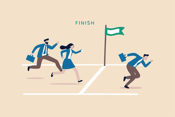 Go extra miles or extra step ahead the goal, push more effort to ensure succeed, exceed or beyond expectation, dedication concept, businessman running extra mile from finish line to ensure success.