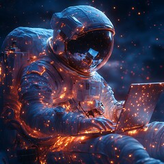 Astronaut in outer space working on laptop with glowing space particles image