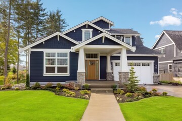 Modern two-story home with navy blue exterior and white trim, wooden front door and glass windows, lush front yard with path and plants under clear blue sky.