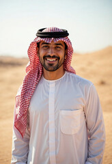 młody, uśmiechnięty Arab na pustyni