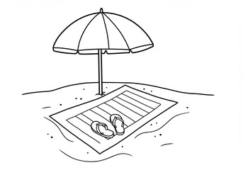 Beach Umbrella and Flip Flops on Sandy Shore