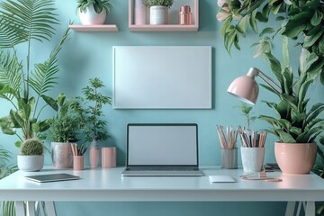 Bright and airy workspace with plants laptop and blank canvas