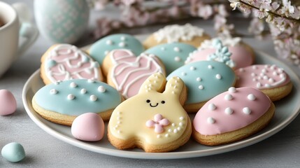 Obraz premium Decoratively Iced Easter Cookies in Pastel Colors on a Plate