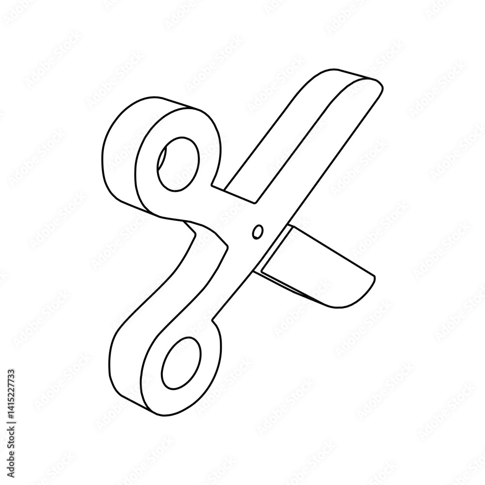 Poster the outline of a large scissors symbol is made with black lines. 3d view of the object in perspectiv