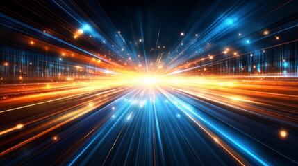Abstract image of light streaks and particles radiating outwards, creating a sense of speed and movement. Predominantly warm colors with cool accents.