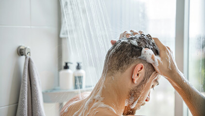 Naklejka premium Man washing hair with shampoo in shower. Soap lather, running water in bathroom. Daily hygiene, clean routine, refreshing self-care concept.