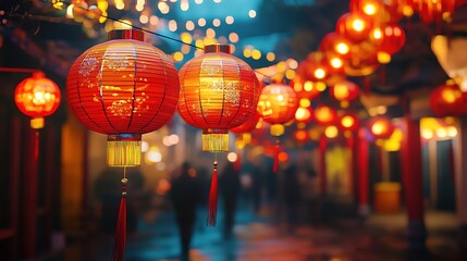 A beautiful red and gold lantern-lit street celebrating the Lunar New Year, cultural and festive.