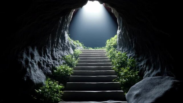 Illuminated Steps Leading Out of a Dark Cave Surrounded by Lush Greenery and Soft Light