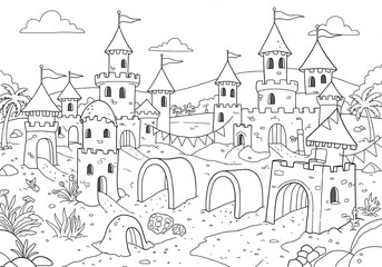 Black And White Line Drawing Of A Fairytale Castle