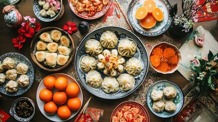 A beautifully arranged table of traditional Lunar New Year food, including dumplings and oranges, delicious and symbolic.