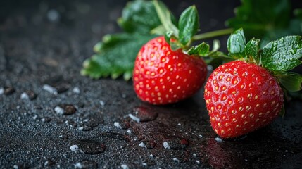Vibrant Strawberries with Fresh Green Leaves on a Dark Background