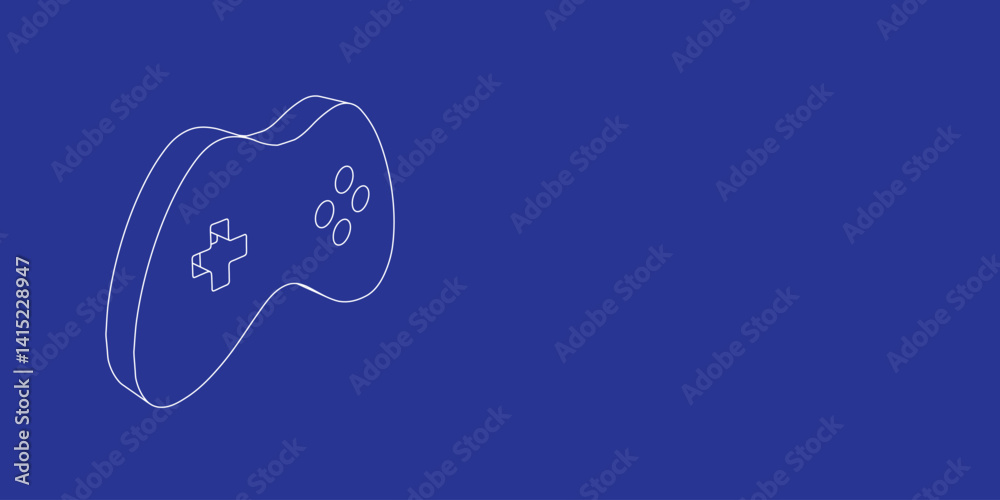 Poster the outline of a large joystick symbol made of white lines on the left. 3d view of the object in per
