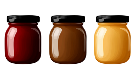 Three filled jars stand side by side, showing shades of red, brown, and yellow against a dark backdrop.