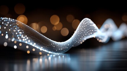 Abstract artwork wavy light stream with glowing dots, reflecting on a dark, blurred background