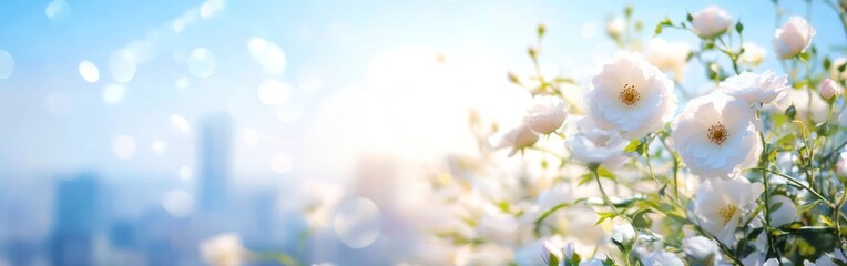 Fototapeta premium White roses bloom against a blurred cityscape background in a bright sunny setting.