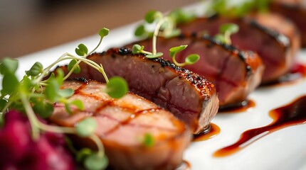 Sliced duck breast with greens and sauce on a white rectangular plate