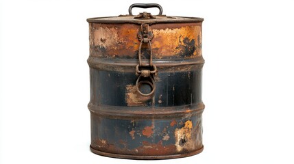 Fototapeta premium Aged metal container with a rusty exterior and a dark colored base, featuring a hinged top and metallic clasp.