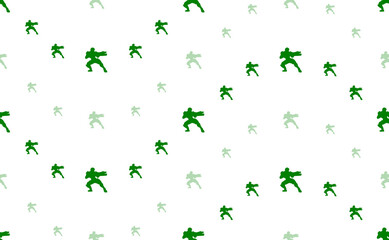 Seamless pattern of large and small green combat robots. The elements are arranged in a wavy. Illustration on light green background
