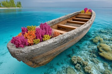 Vibrant Coral Adorns Wooden Boat in Turquoise Tropical Waters