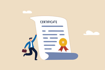 Certificate on taking course, award for excellent work or diploma document, license stamp or education certified guarantee concept, happy businessman with star certificate paper for work achievement.