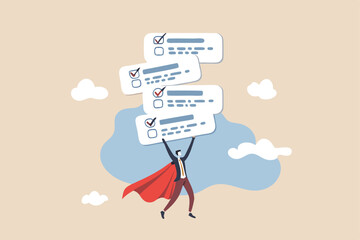 Fototapeta premium Task management, project plan or task list to finish, productivity to complete work within deadline, efficiency to organize project checklist, businessman superhero flying with completed task boards.