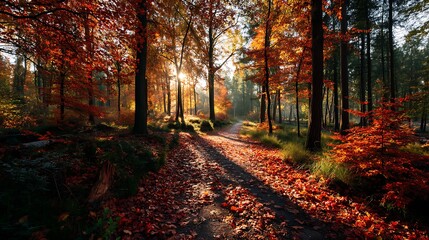 Obraz premium Golden light filters through trees, path covered with autumn leaves in the forest