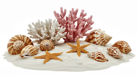 Obraz premium Seashells, Starfish, and Coral on Sand