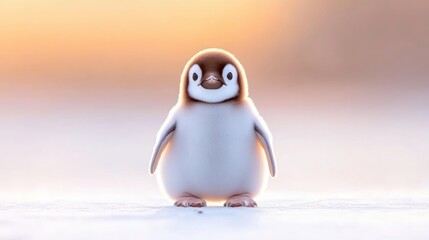 Adorable little penguin chick, bathed in golden sunlight, standing on snowy ground