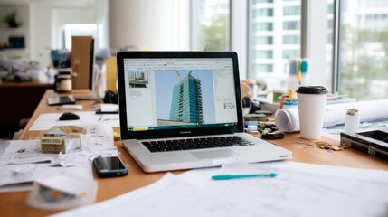 A laptop displays a 3D architectural model of a modern skyscraper, surrounded by blueprints, coffee cups, and design materials in a creative workspace