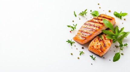Grilled salmon fillets with herbs and spices.  Perfectly cooked, glistening, and seasoned fish, garnished with fresh herbs