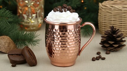 Festive copper mug of whipped cream coffee drink