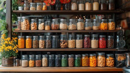 Variety of nuts, seeds, and dried goods displayed on shelves