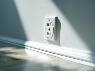 Clean White Electrical Outlet on a wall with baseboard, representing power, connection, and home infrastructure. Ideal for electrical services, home improvement, and energy efficiency content.