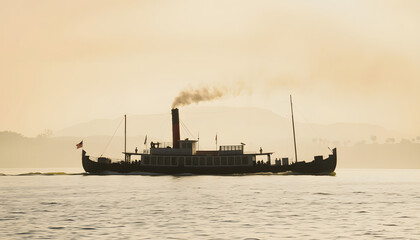 Old steamboat with smoke in river, silhouette, with white tones