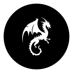 A dragon symbol in the center. Isolated white symbol in black circle. Illustration on transparent background