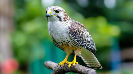 Detailed Close Up of a Black and White Falcon Perched on Branch